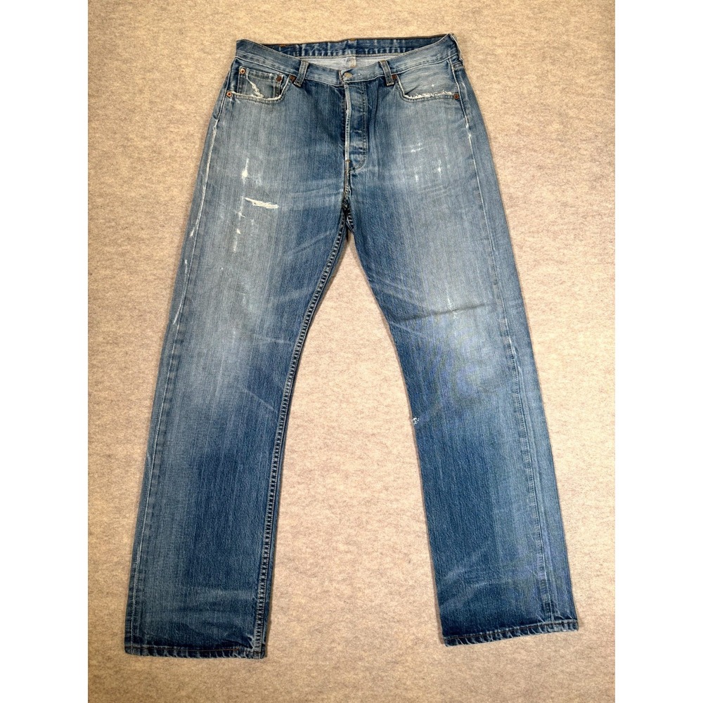 Levis 501 Original Fit Jeans Mens 36x34 Blue Straight Leg Whiskered Denim Cotton